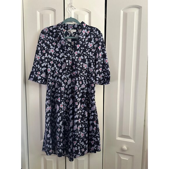 Derek Lam 10 Crosby x RTR Navy Floral Print A-Line Dress With 3/4 Sleeves & V-Ne - Picture 5 of 9